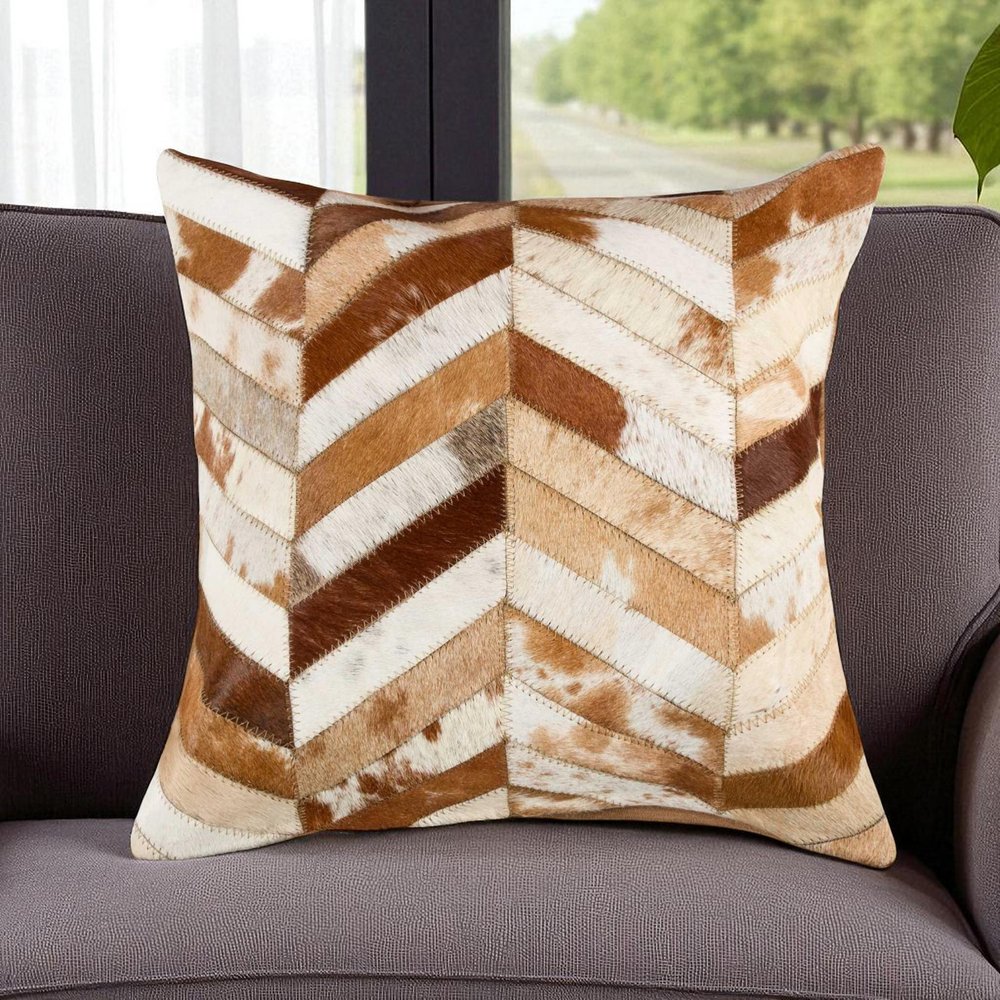 18" Brown And White Cowhide Throw Pillow