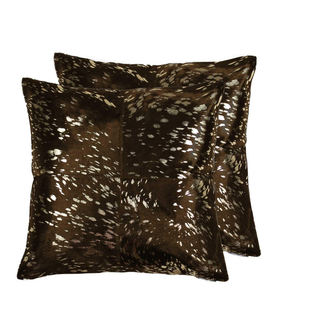 Set of Two 18" Chocolate And Gold Cowhide Throw Pillows