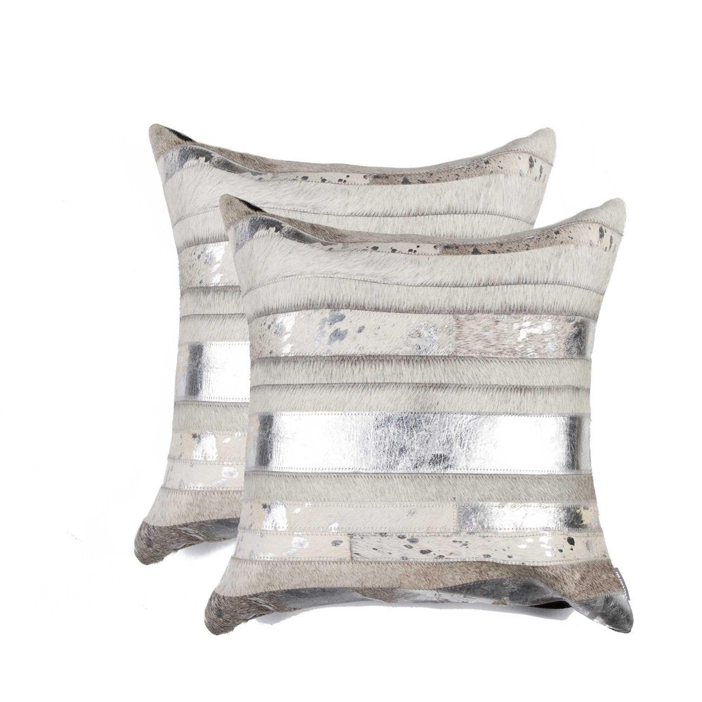Set of Two 18" Silver And Gray Cowhide Throw Pillows
