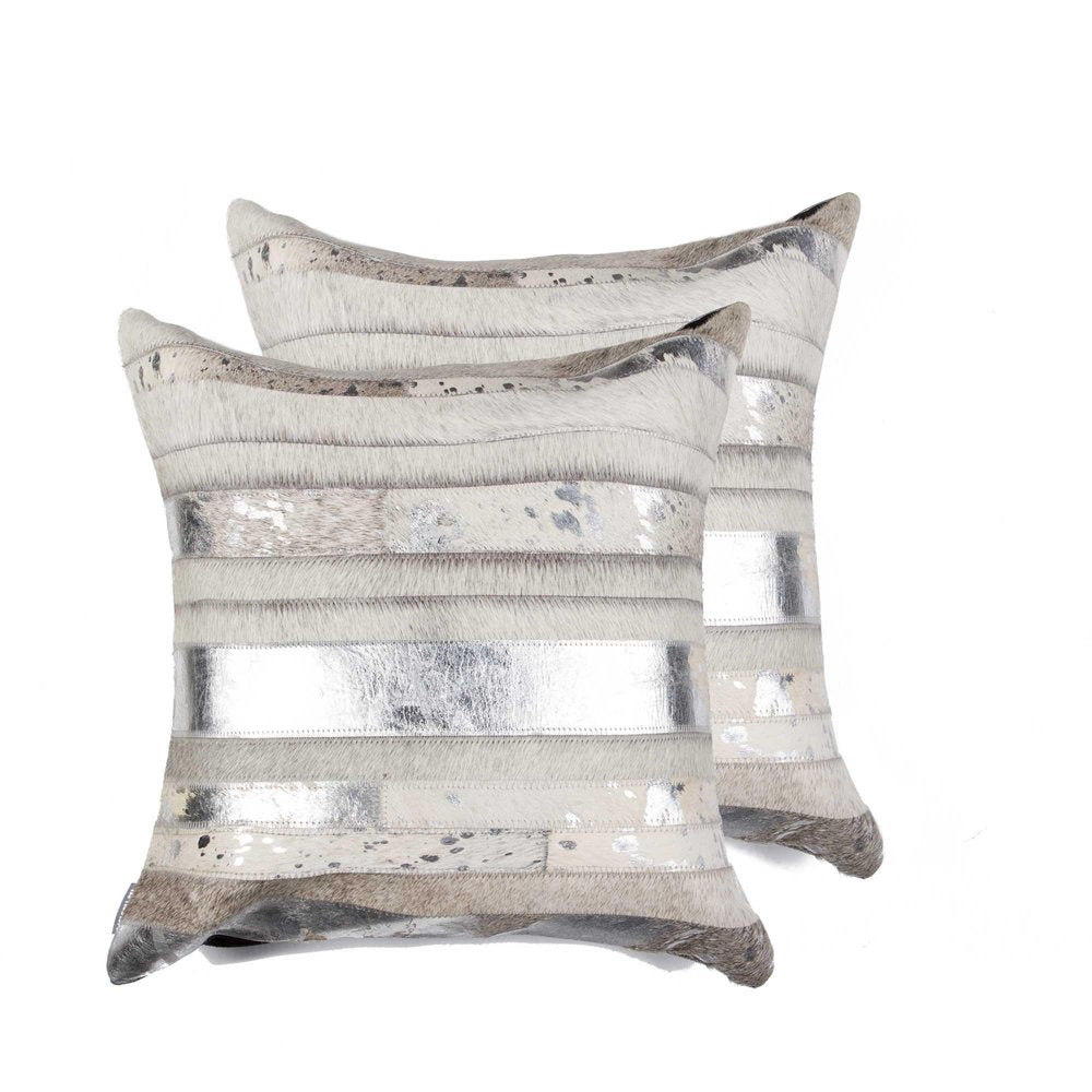 Set of Two 18" Silver And Gray Cowhide Throw Pillows