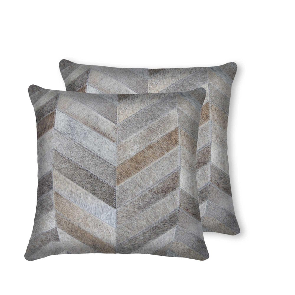 Set of Two 18" Gray Cowhide Chevron Throw Pillows