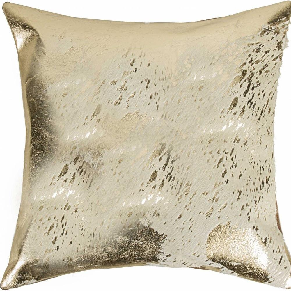 18" Beige And Gold Cowhide Throw Pillow