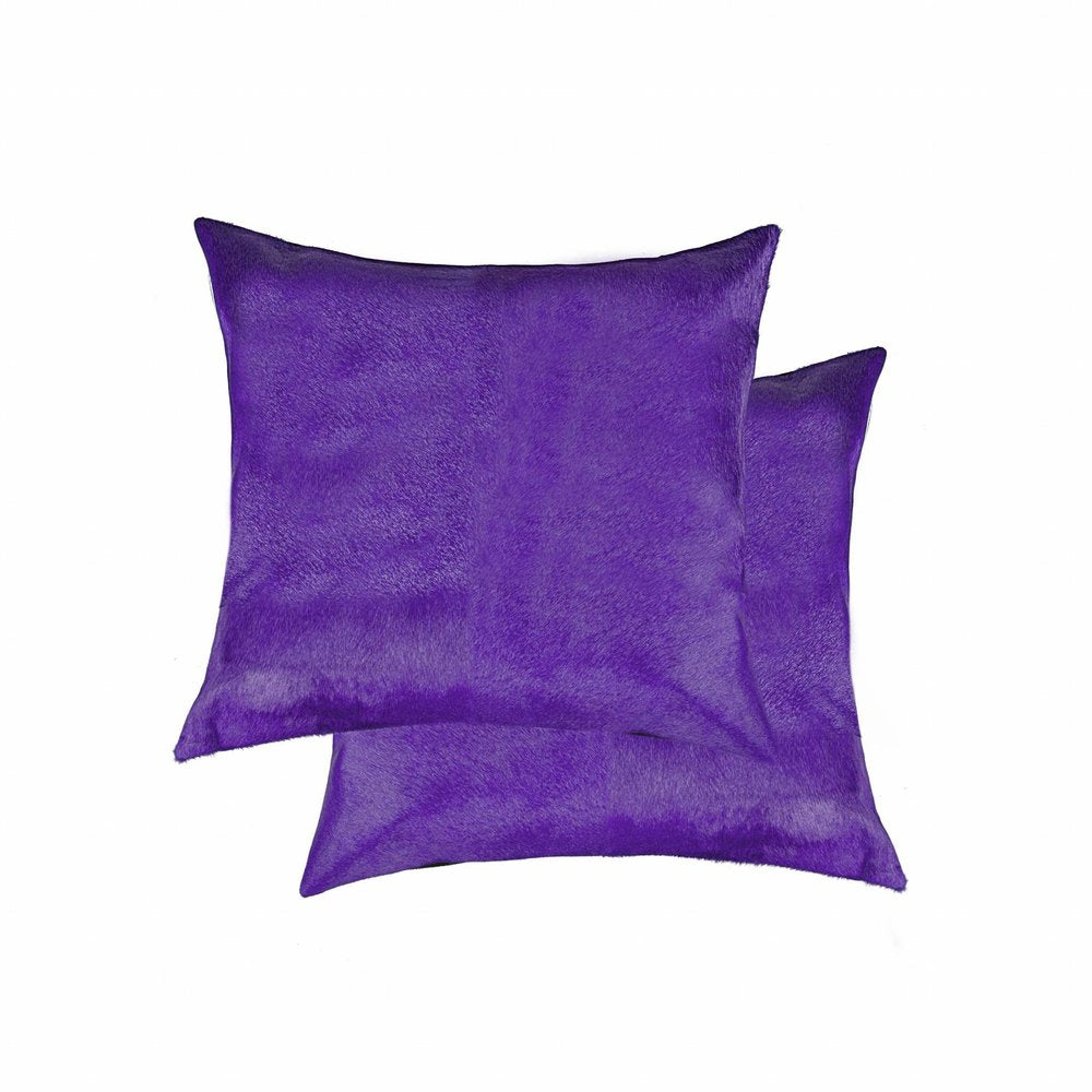 Set of Two 18" Purple Cowhide Throw Pillows