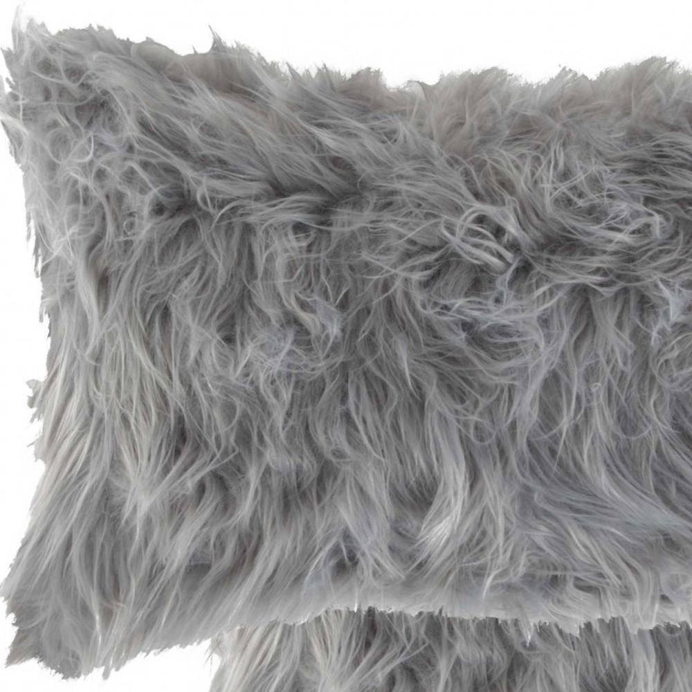 Set of Two 12" X 20" Gray Faux Fur Throw Pillows