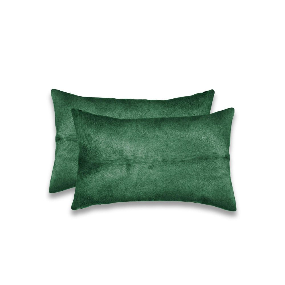 Set of Two 12" X 20" Green Cowhide Throw Pillows