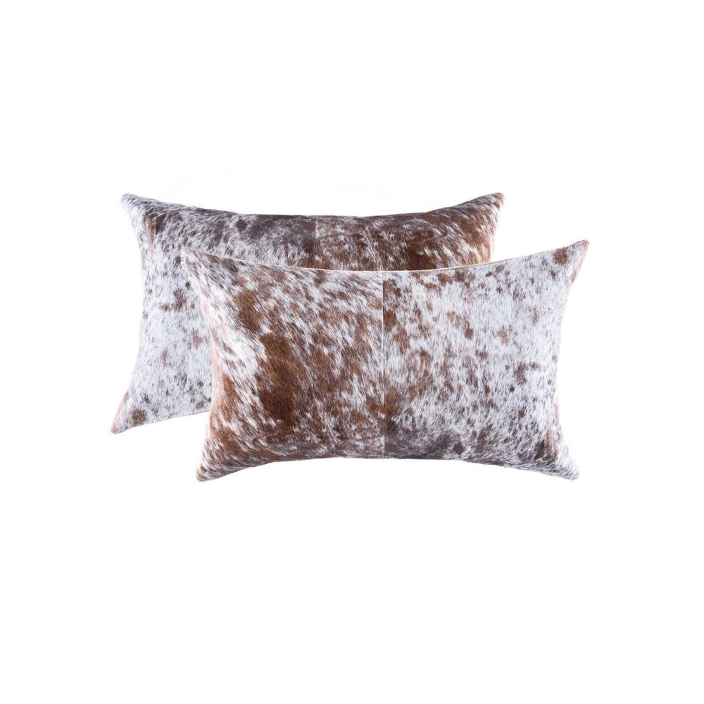 Set of Two 12" X 20" Brown And White Cowhide Throw Pillows