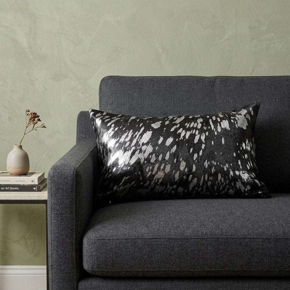 12" X 20" Black and Silver Cowhide Throw Pillow