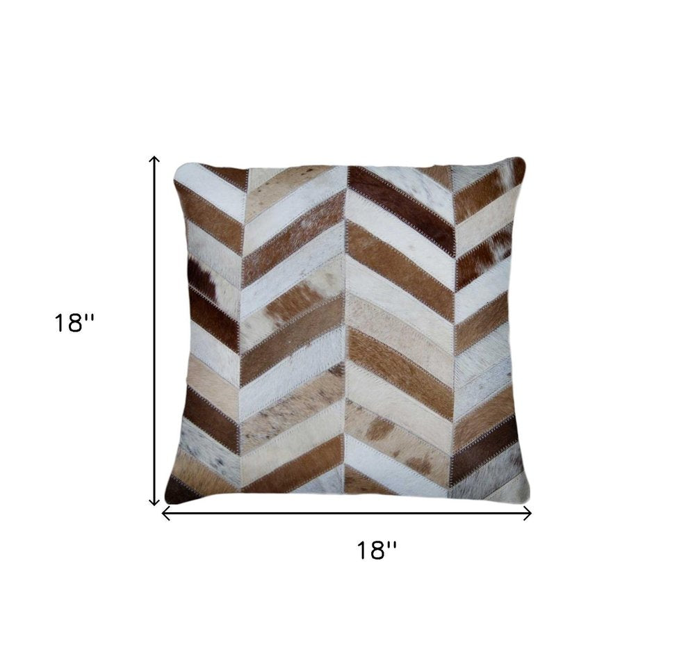 Set of Two Natural and Brown Chevron Cowhide Throw Pillows