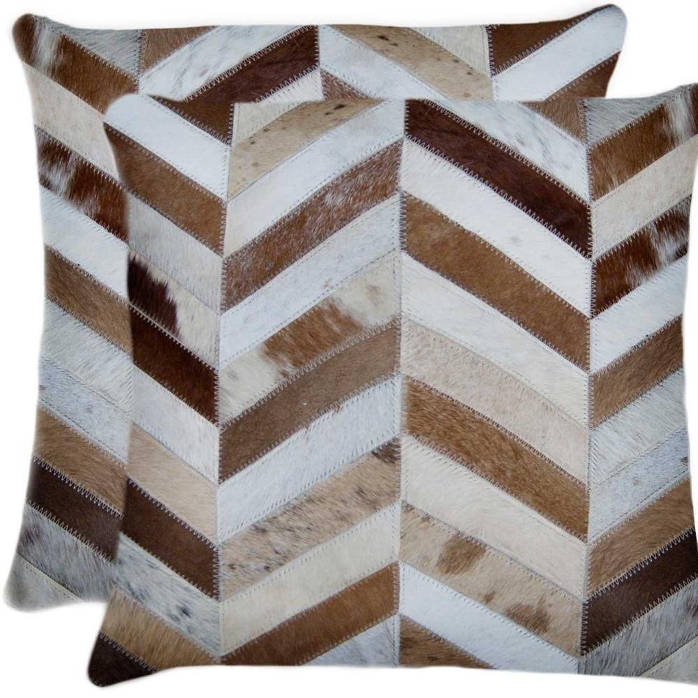 Set of Two Natural and Brown Chevron Cowhide Throw Pillows