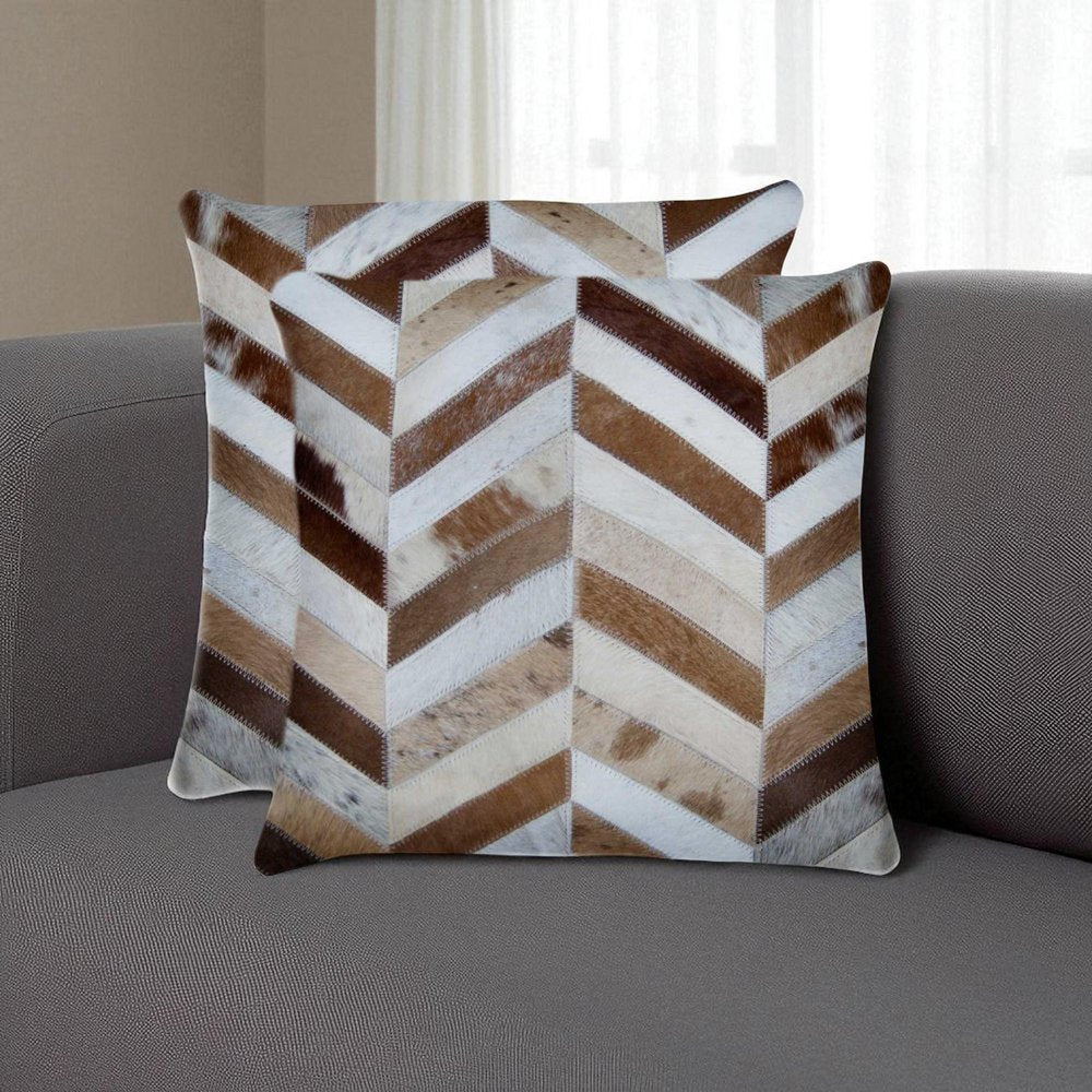 Set of Two Natural and Brown Chevron Cowhide Throw Pillows