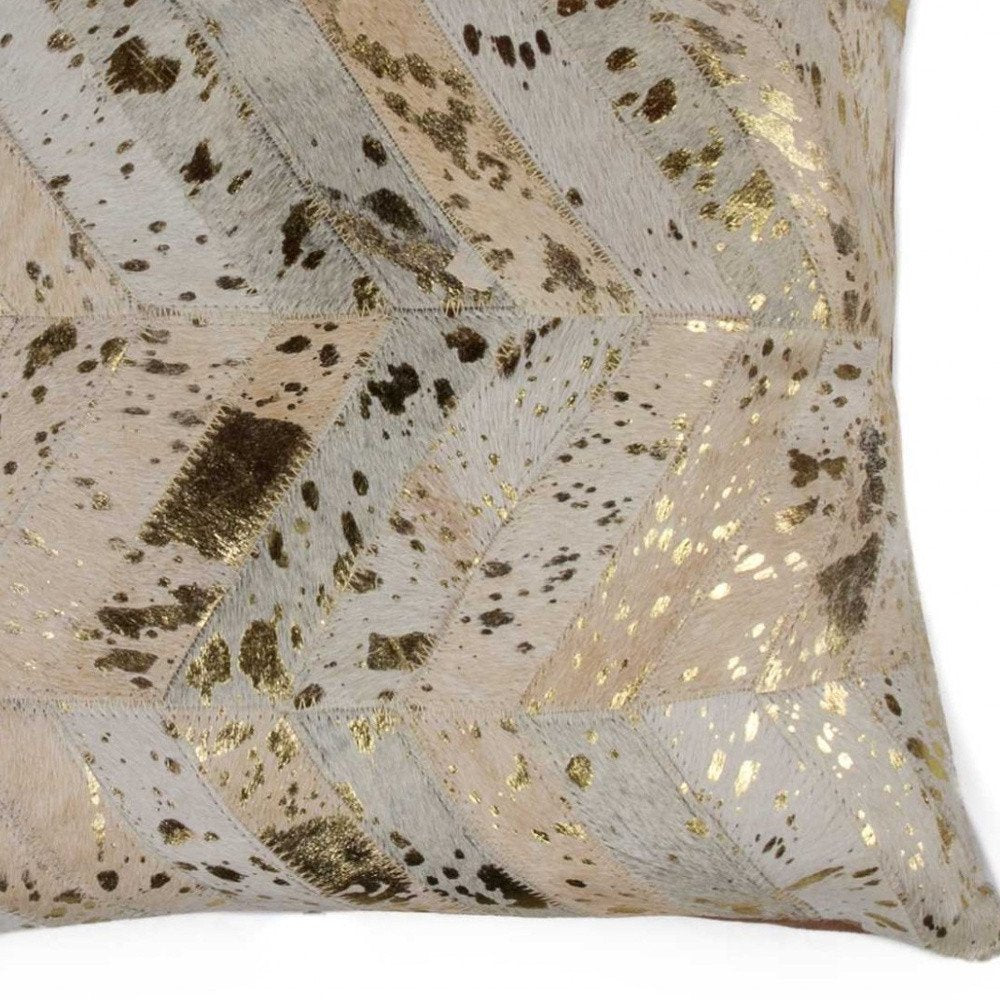 18" Natural And Gold Cowhide Throw Pillow