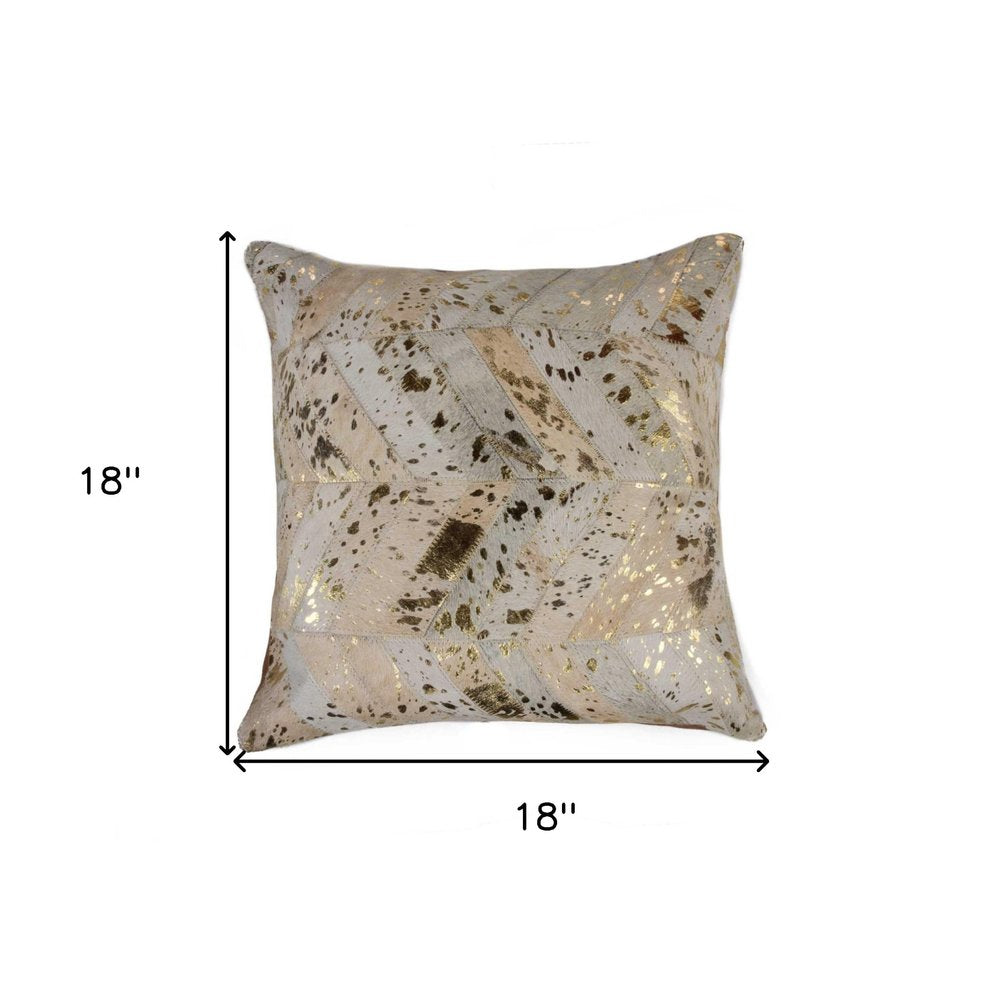 18" Natural And Gold Cowhide Throw Pillow