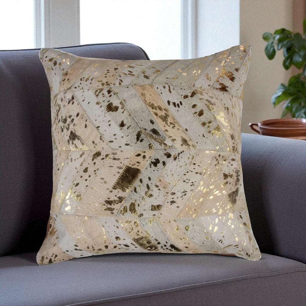 18" Natural And Gold Cowhide Throw Pillow