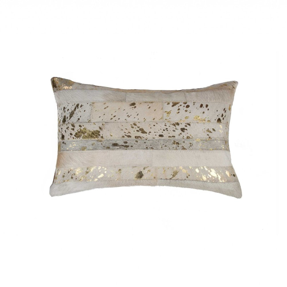 12" X 20" Natural And Gold Cowhide Throw Pillow
