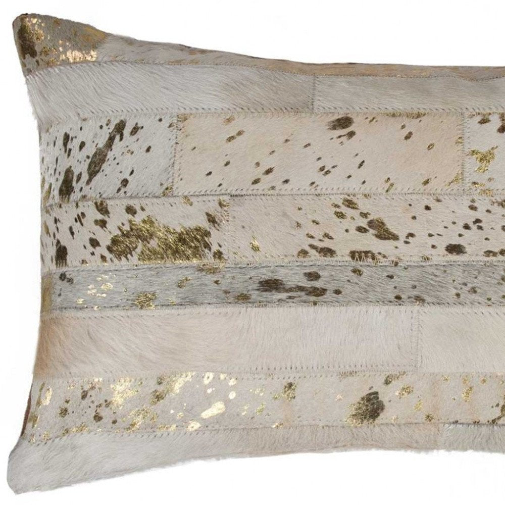 12" X 20" Natural And Gold Cowhide Throw Pillow