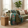 50" X 70" Green and Pink Kantha Cotton Paisley Throw Blanket with Embroidery