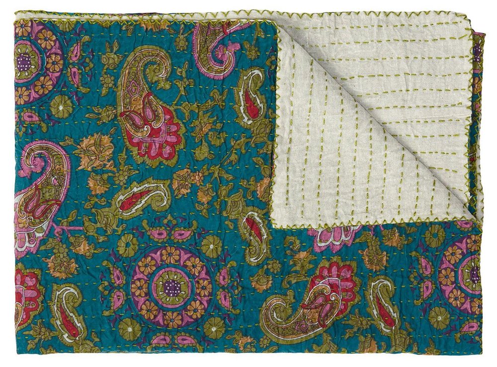 50" X 70" Green and Pink Kantha Cotton Paisley Throw Blanket with Embroidery
