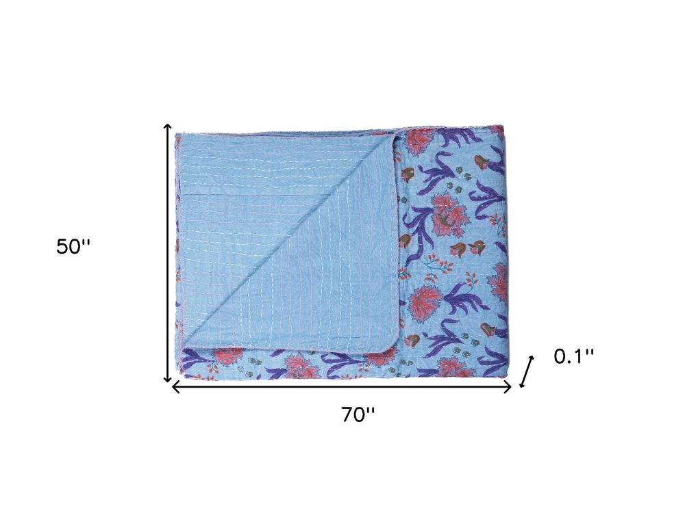 50" X 70" Blue and Purple Kantha Cotton Floral Throw Blanket with Embroidery