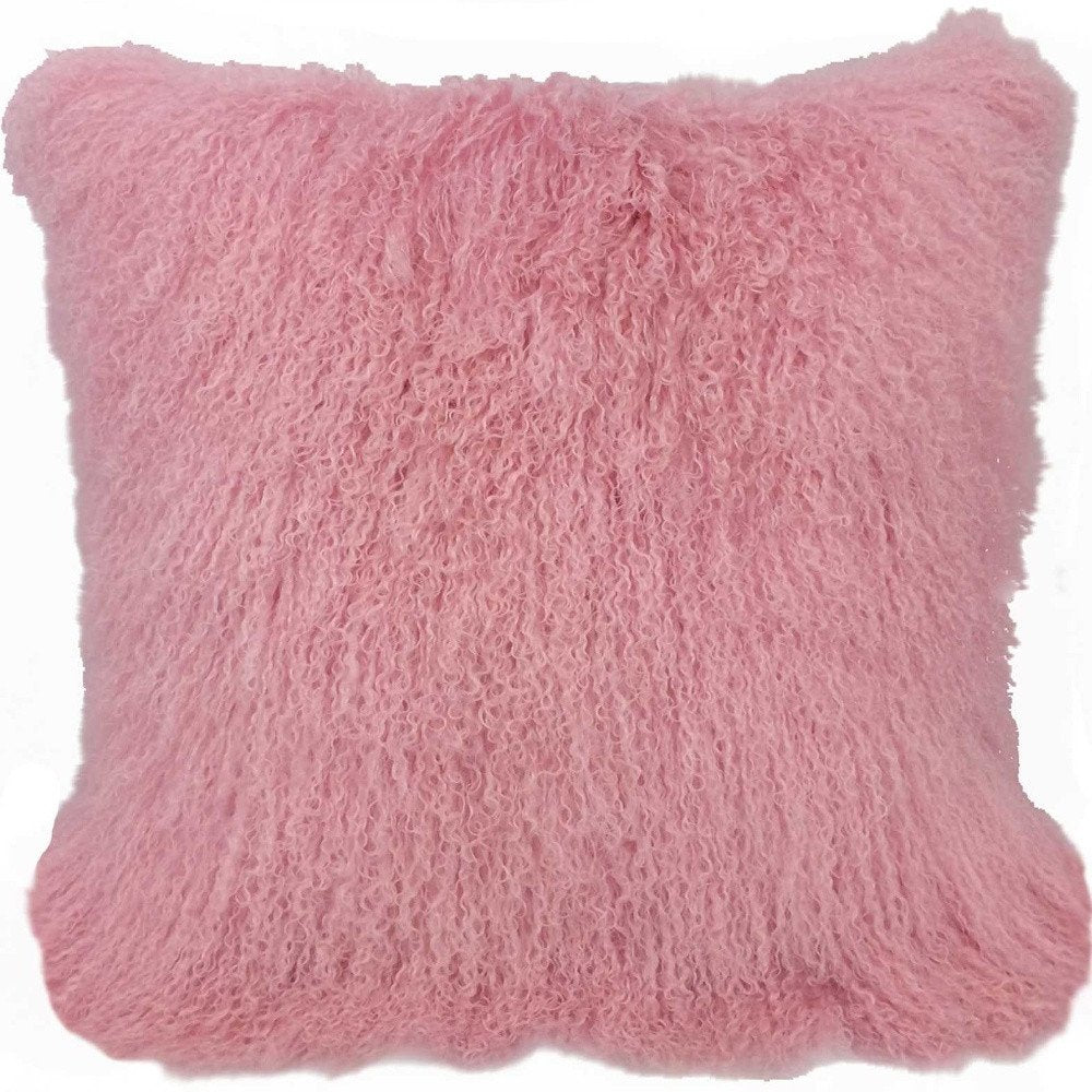 20" Pink Genuine Tibetan Lamb Fur Pillow With Microsuede Backing
