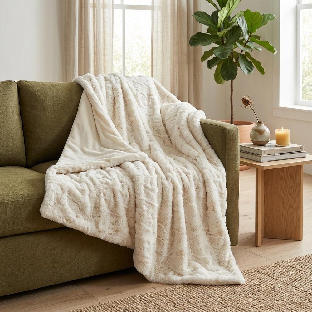 Off White Woven Acrylic Patchwork Plush Throw