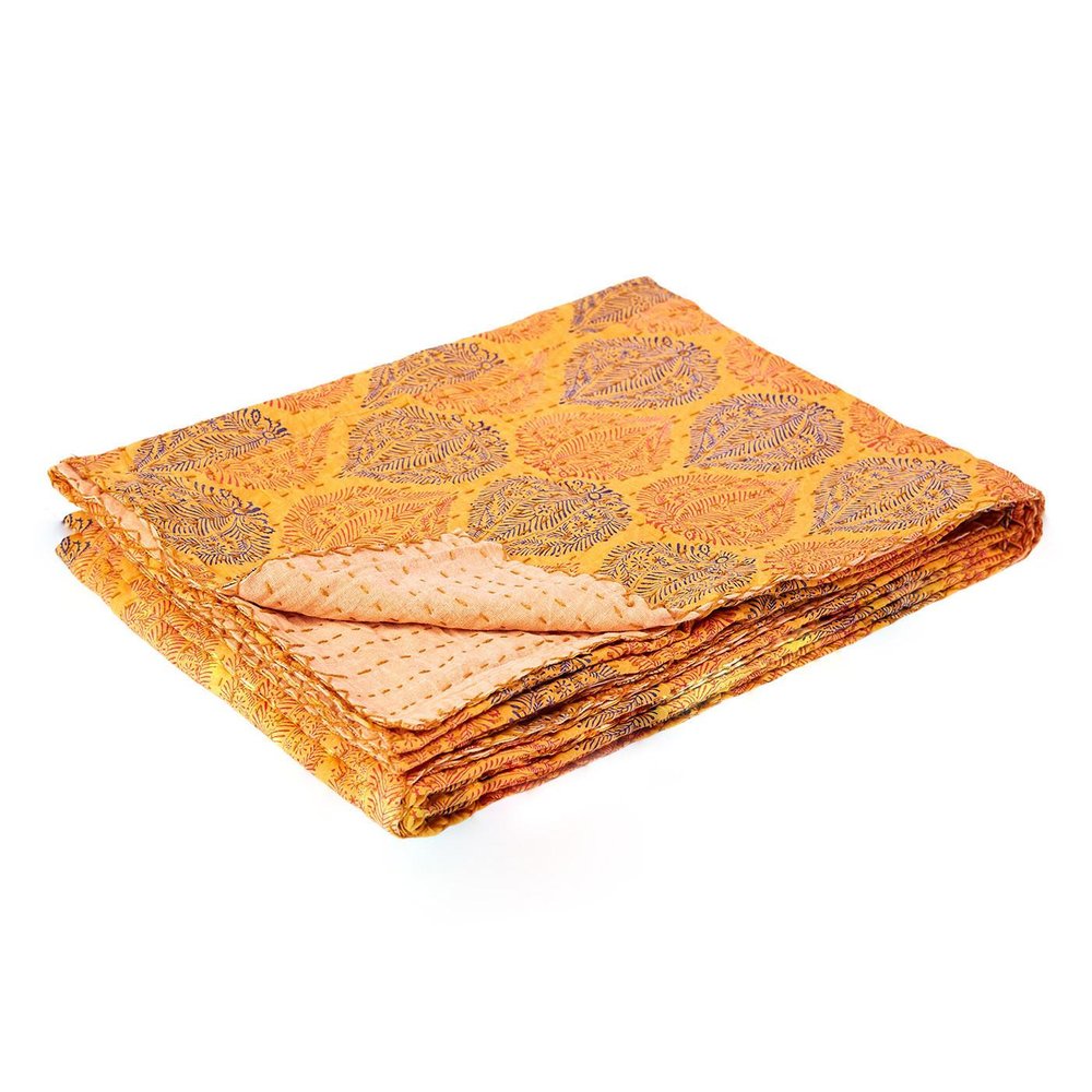 50" X 70" Orange Blue and Yellow Cotton Kantha Patchwork with Embroidery