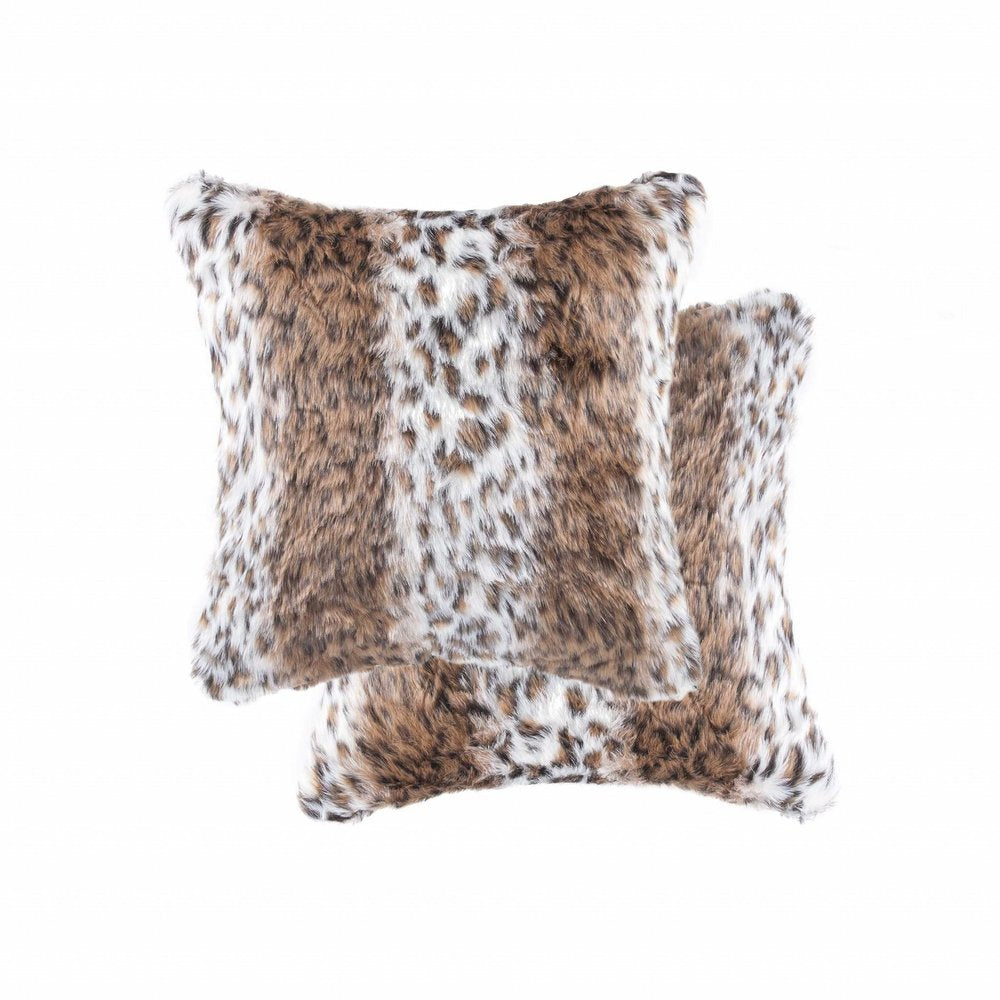 Set of Two 18" Brown White And Black Faux Fur Throw Pillows