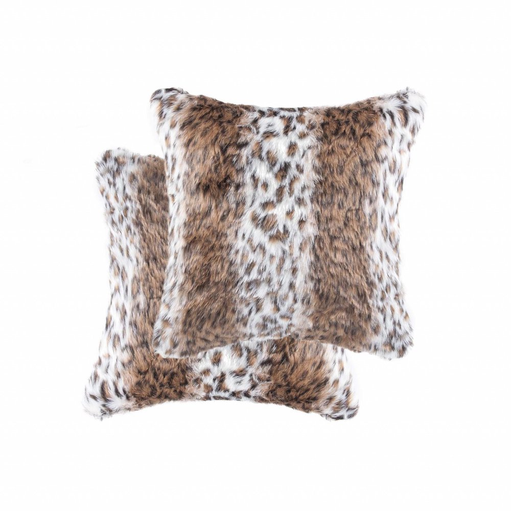 Set of Two 18" Brown White And Black Faux Fur Throw Pillows