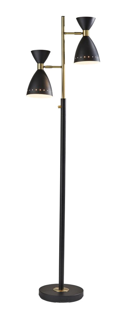 68" Black And Gold Metal Two Light Task Floor Lamp With Black Metal Cone Shade
