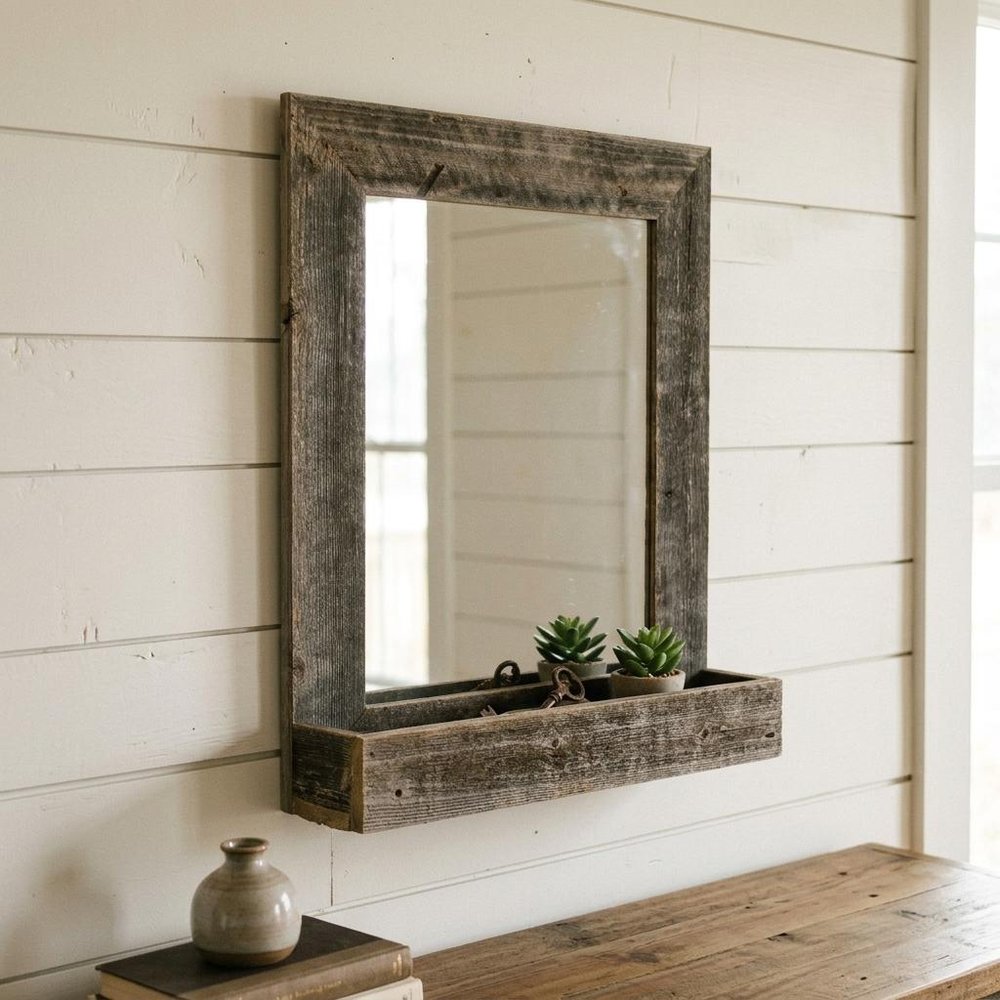 Rustic Weathered Gray Reclaimed Wood Plank Mirror With Shelf