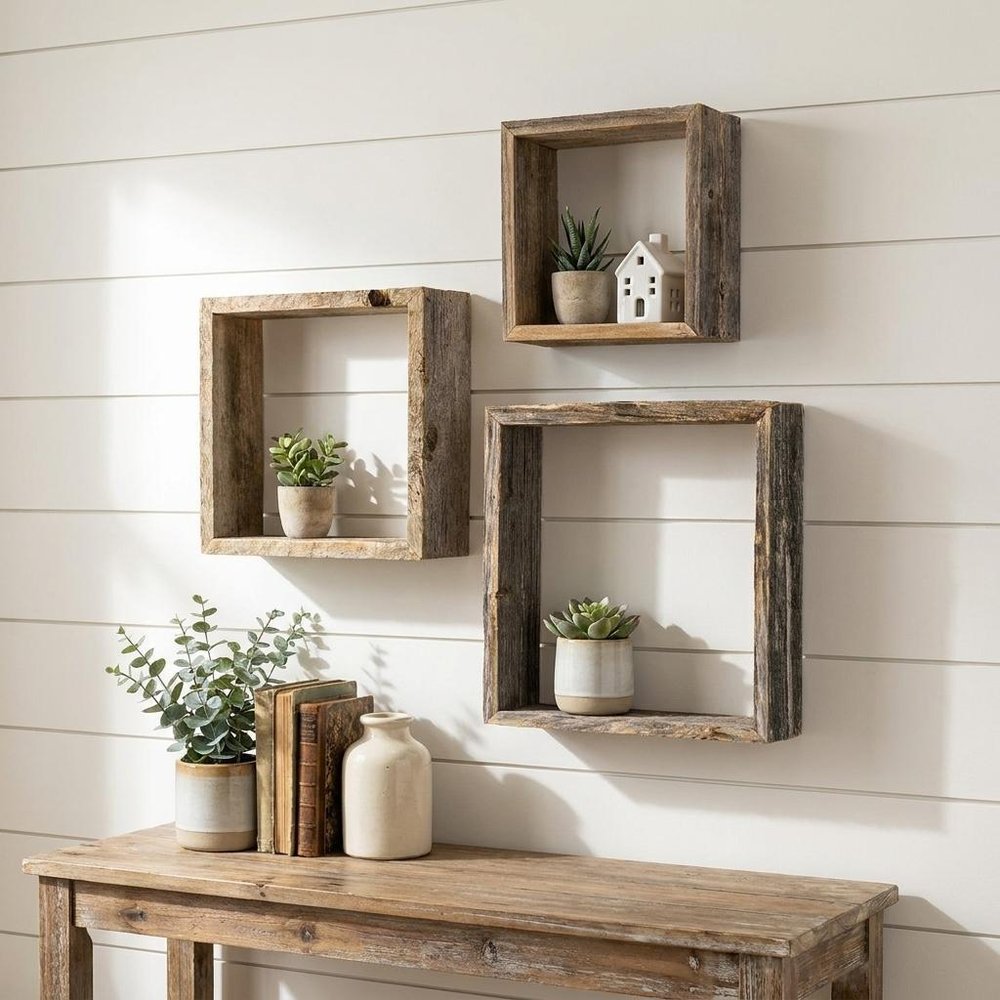 Rustic Farmhouse Set Of 3 Square Shadow Box Shelves