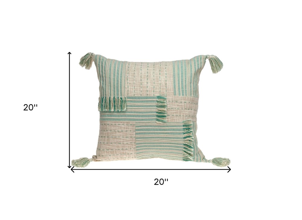 20" Beige And Mint Green Cotton Throw Pillow with Tassels And Texture