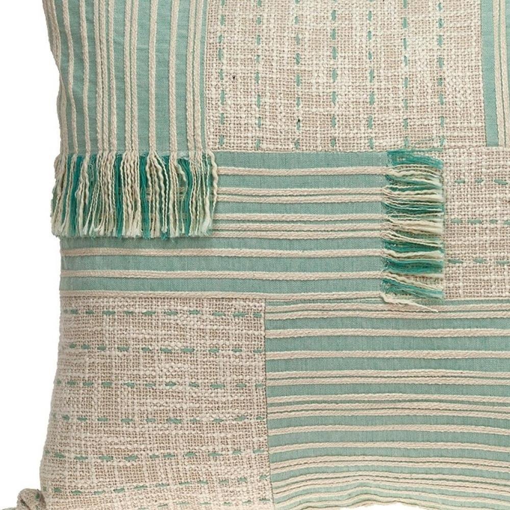20" Beige And Mint Green Cotton Throw Pillow with Tassels And Texture