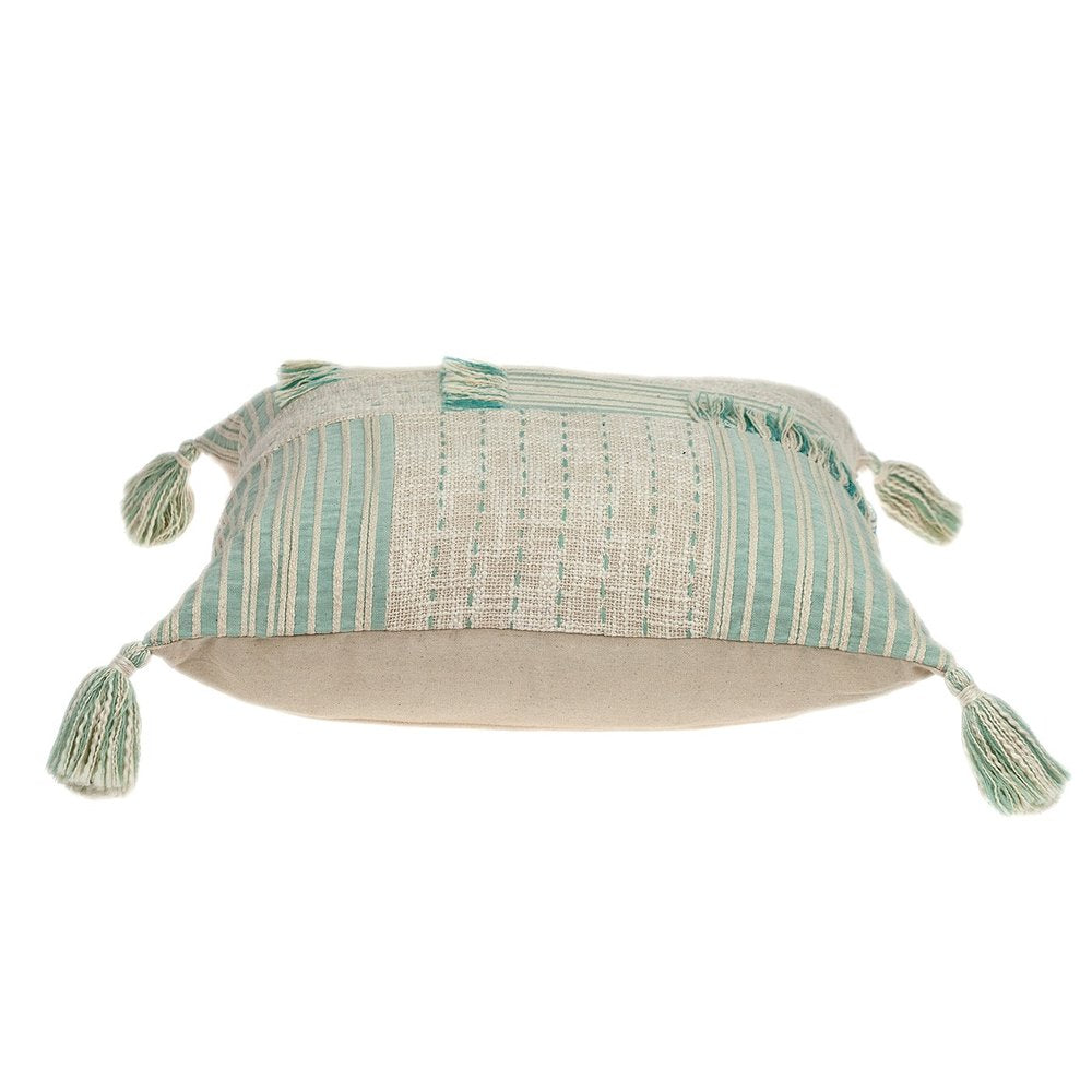 20" Beige And Mint Green Cotton Throw Pillow with Tassels And Texture