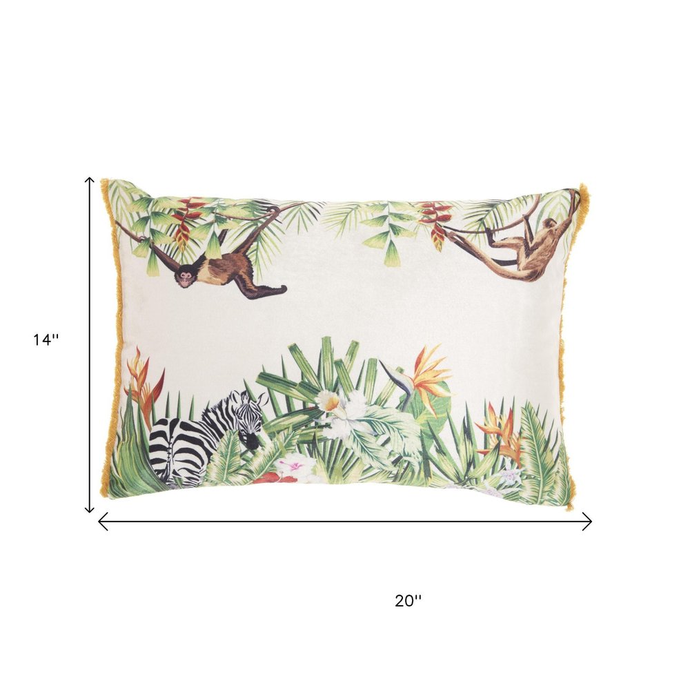 14" X 20" Green And White Cotton Throw Pillow