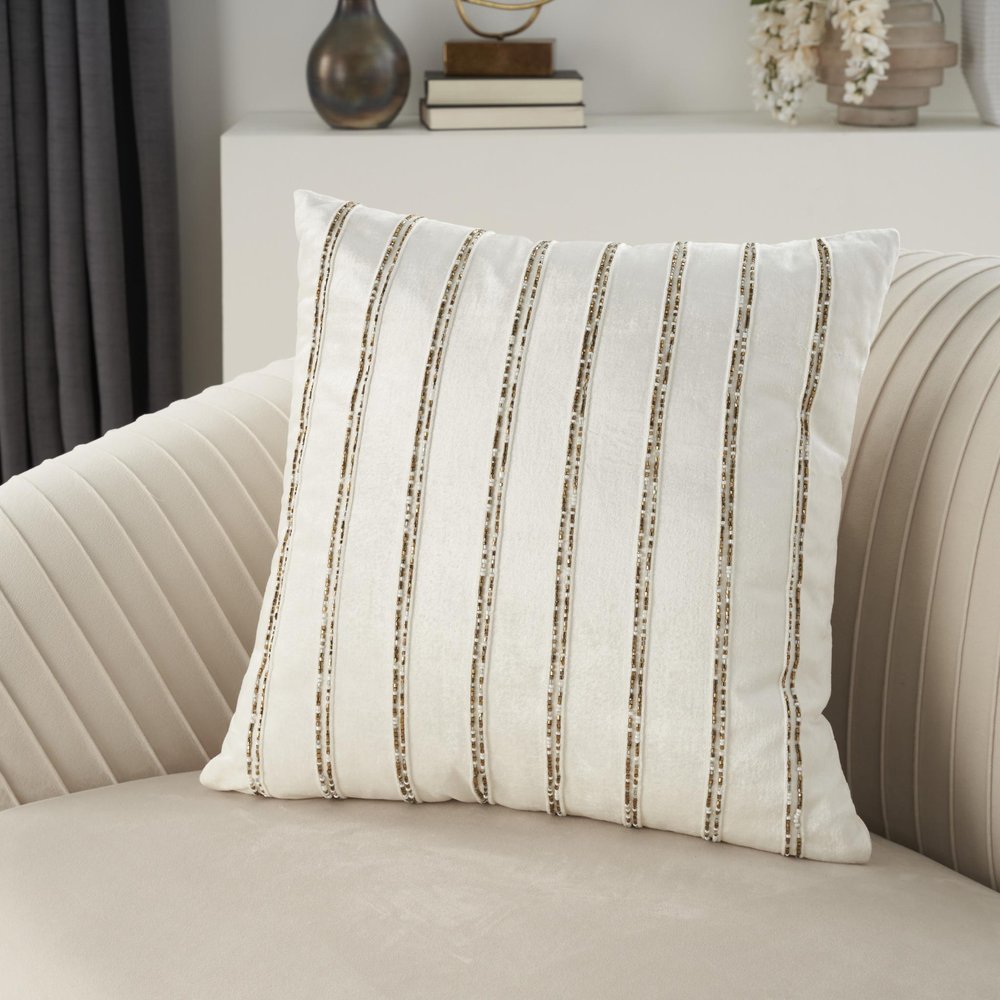 Glam Ivory And Gold Accent Throw Pillow With Beaded Details