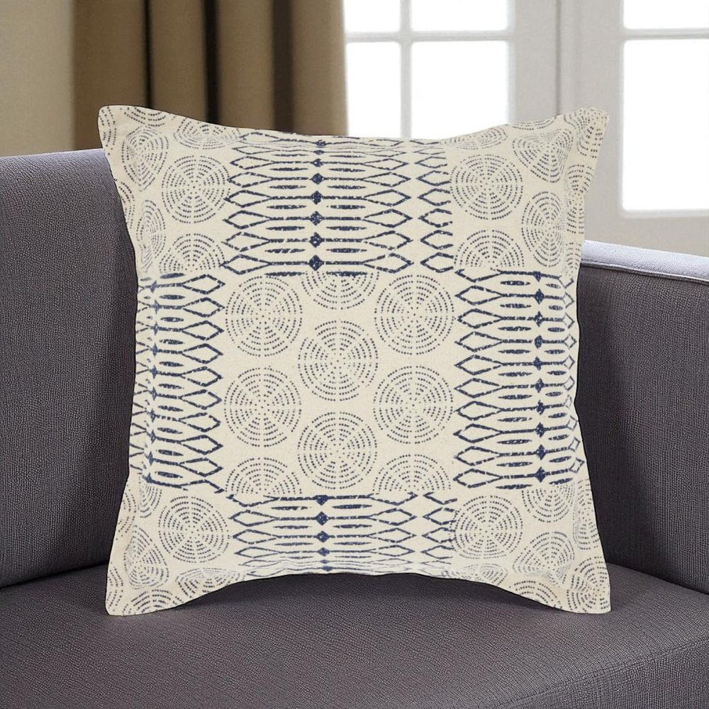 20" Indigo And Ivory Geometric Cotton Throw Pillow