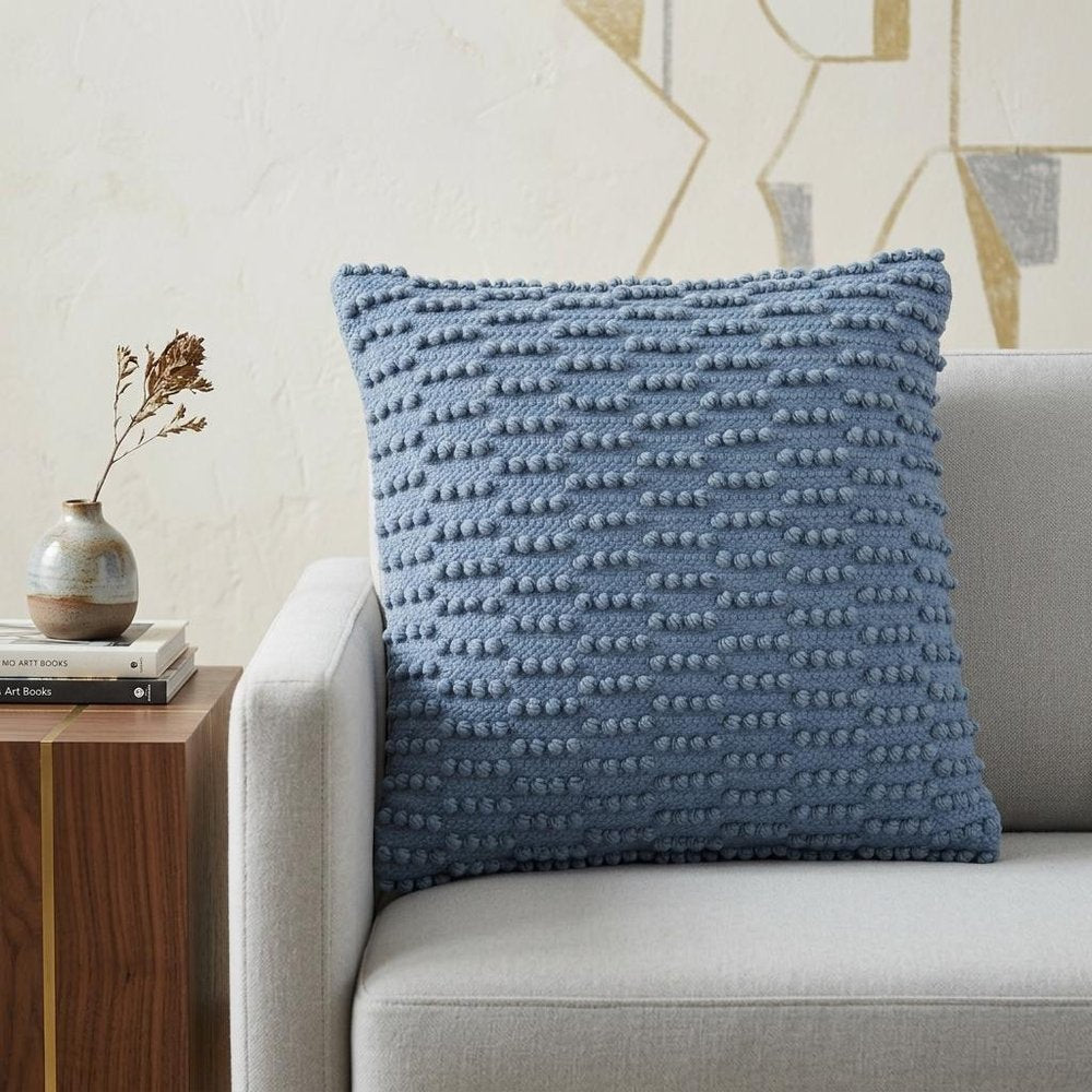 18" Blue Dot And Stripe Polyester and Cotton Blend Throw Pillow With Texture