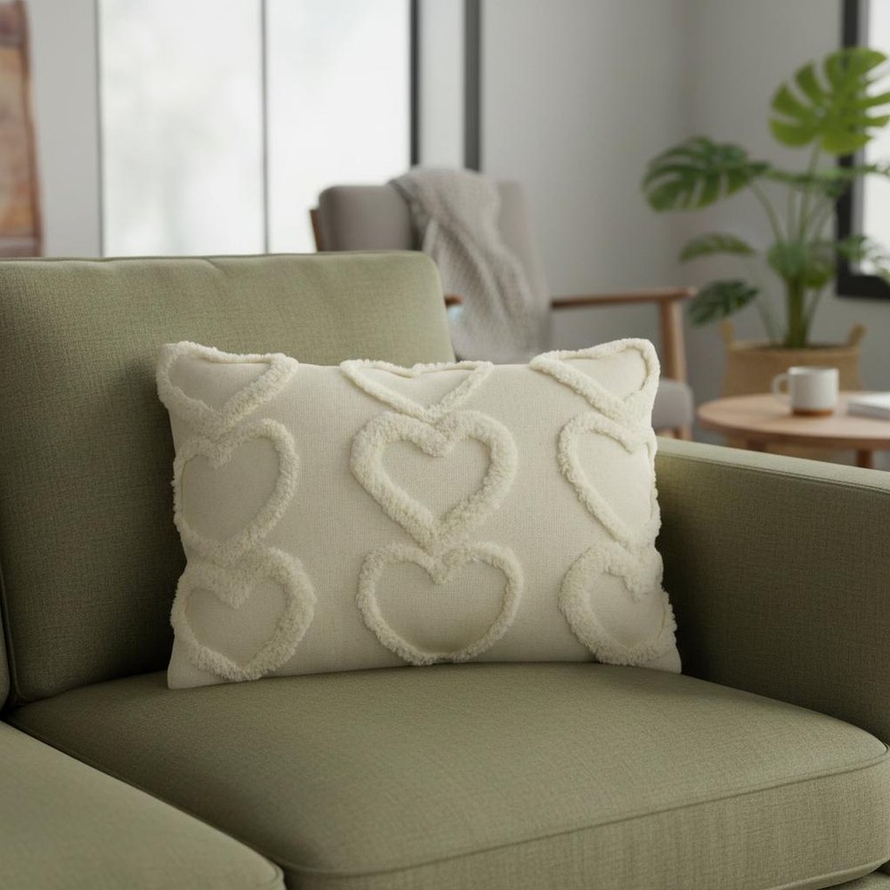 14" X 20" Off White Cotton Heart Throw Pillow