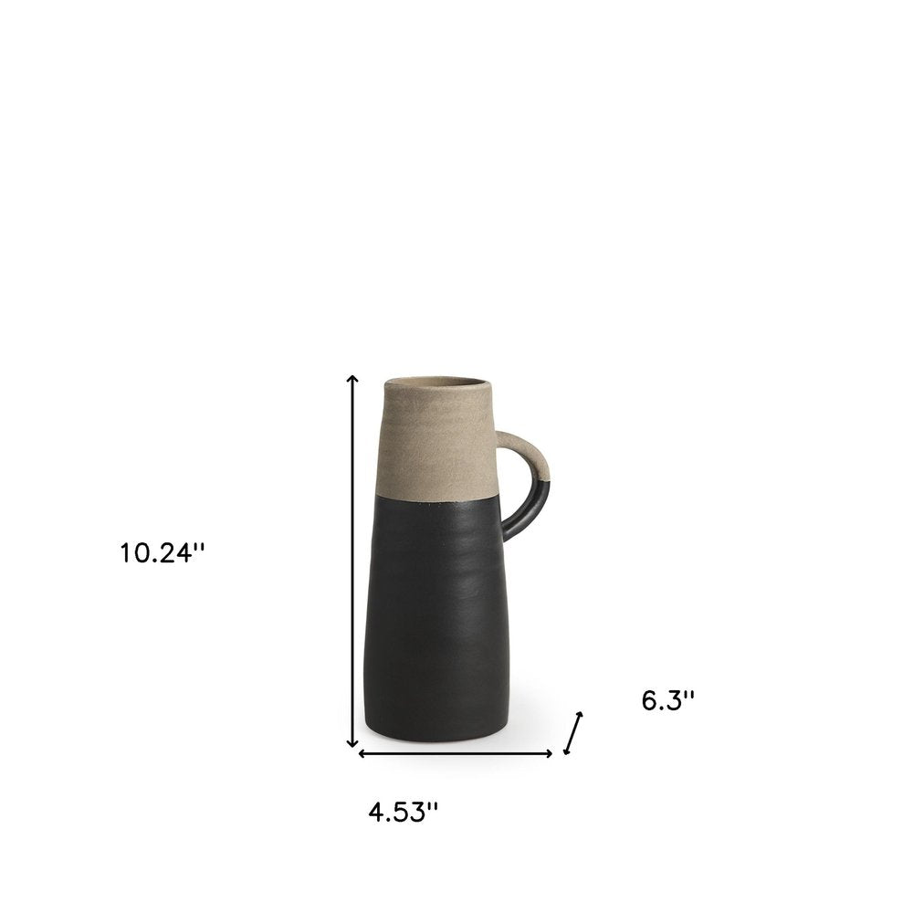 10" Black And Natural Color Block Cylinder Ceramic Jug Vase