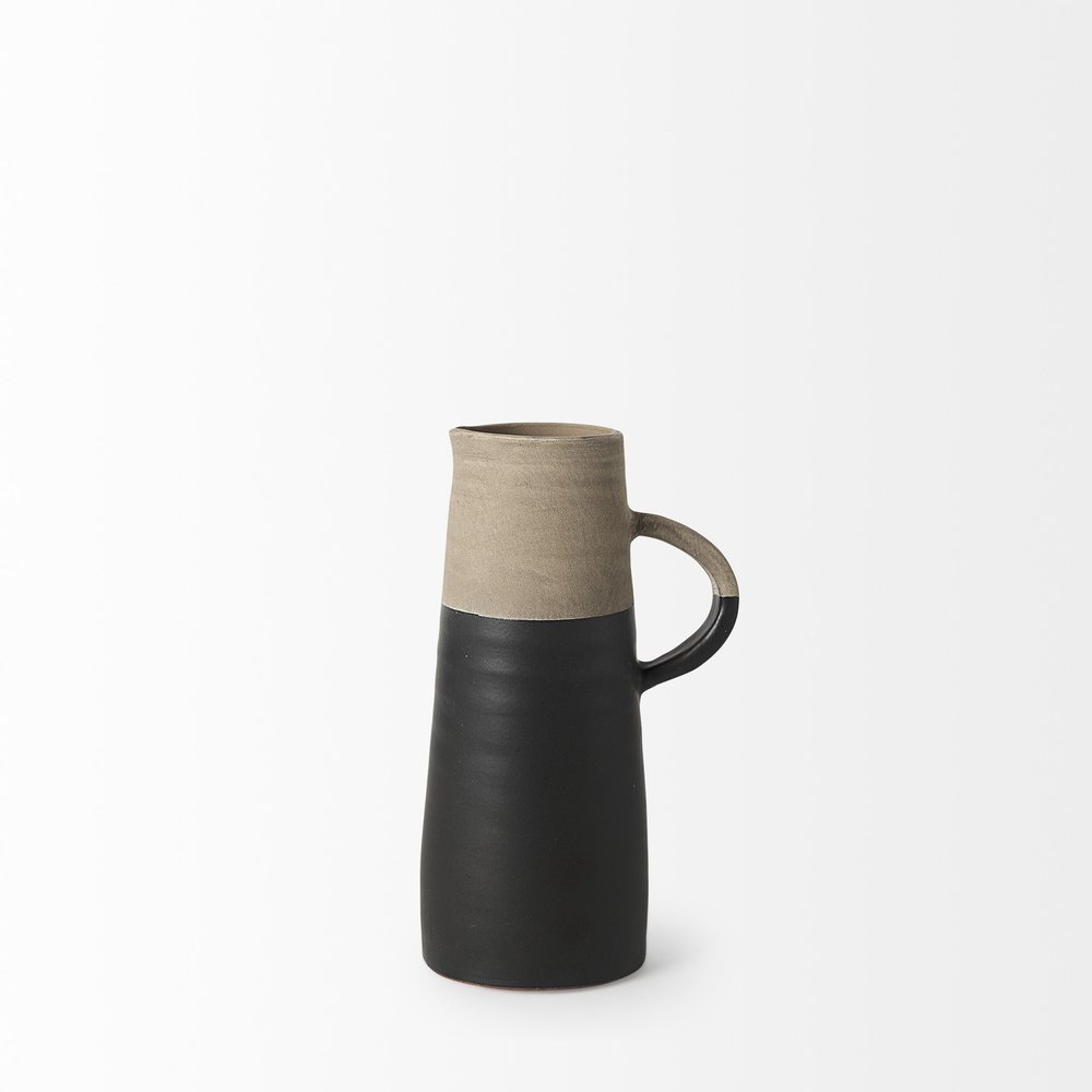 10" Black And Natural Color Block Cylinder Ceramic Jug Vase
