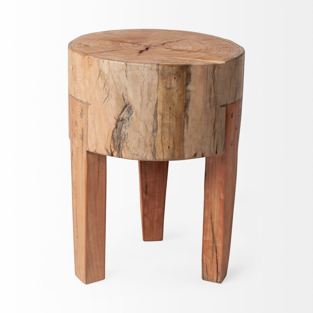 18" Natural And Brown Distressed Reclaimed Wood Round End Table