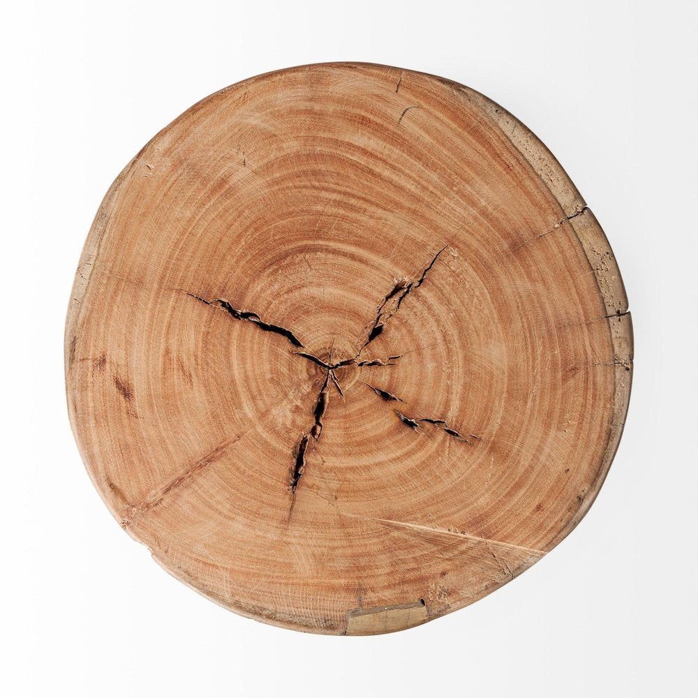 18" Natural And Brown Distressed Reclaimed Wood Round End Table
