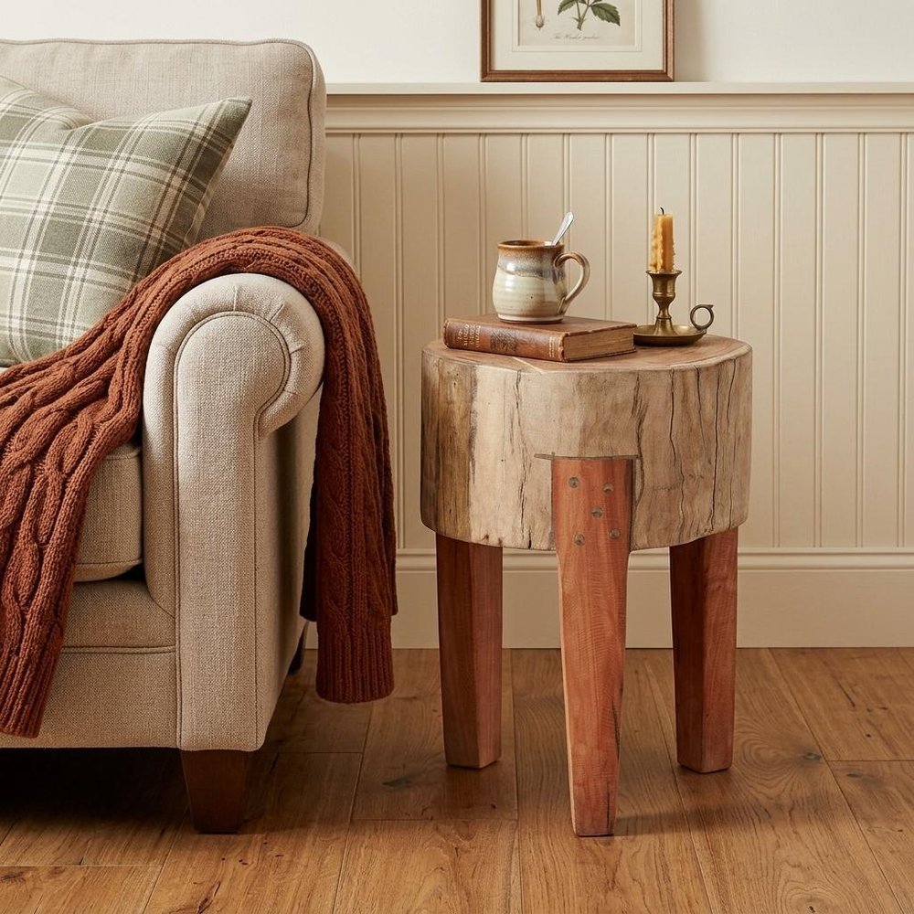 18" Natural And Brown Distressed Reclaimed Wood Round End Table