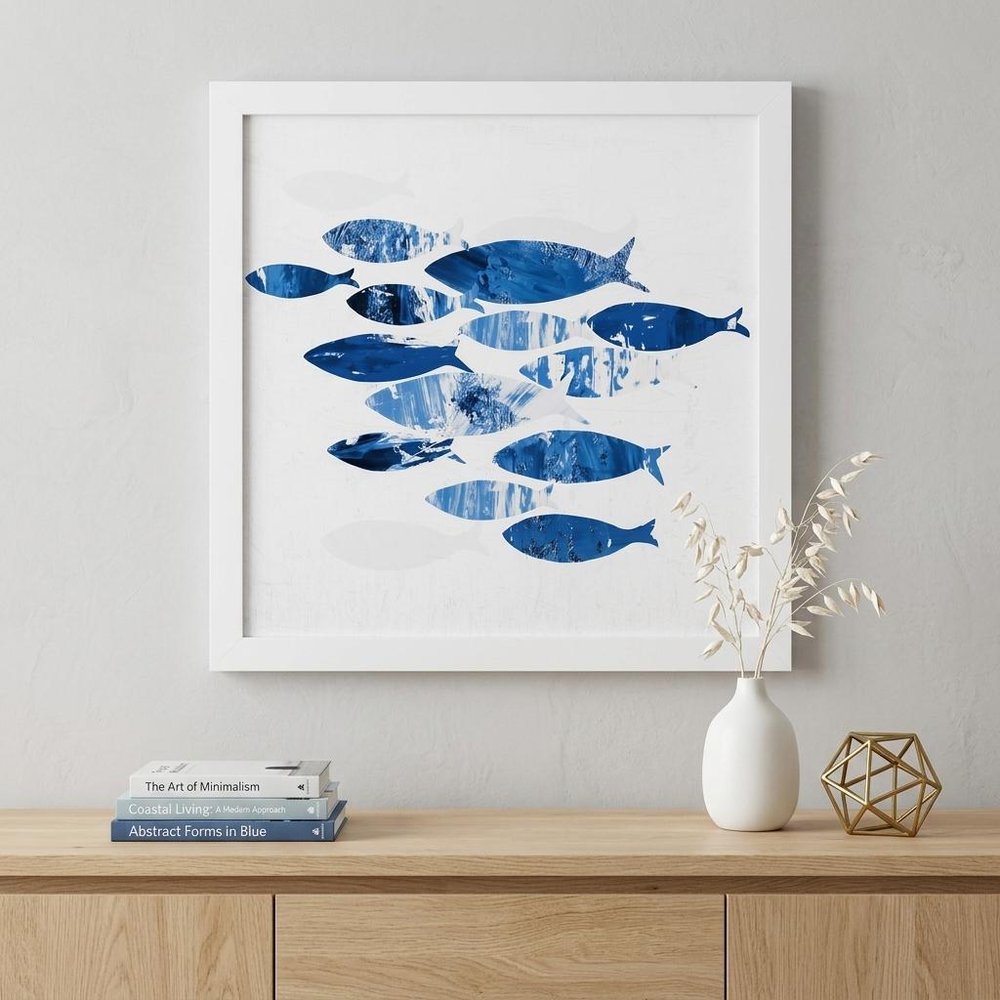 27" x 27" Marble Blue School of Fish Framed Wall Art