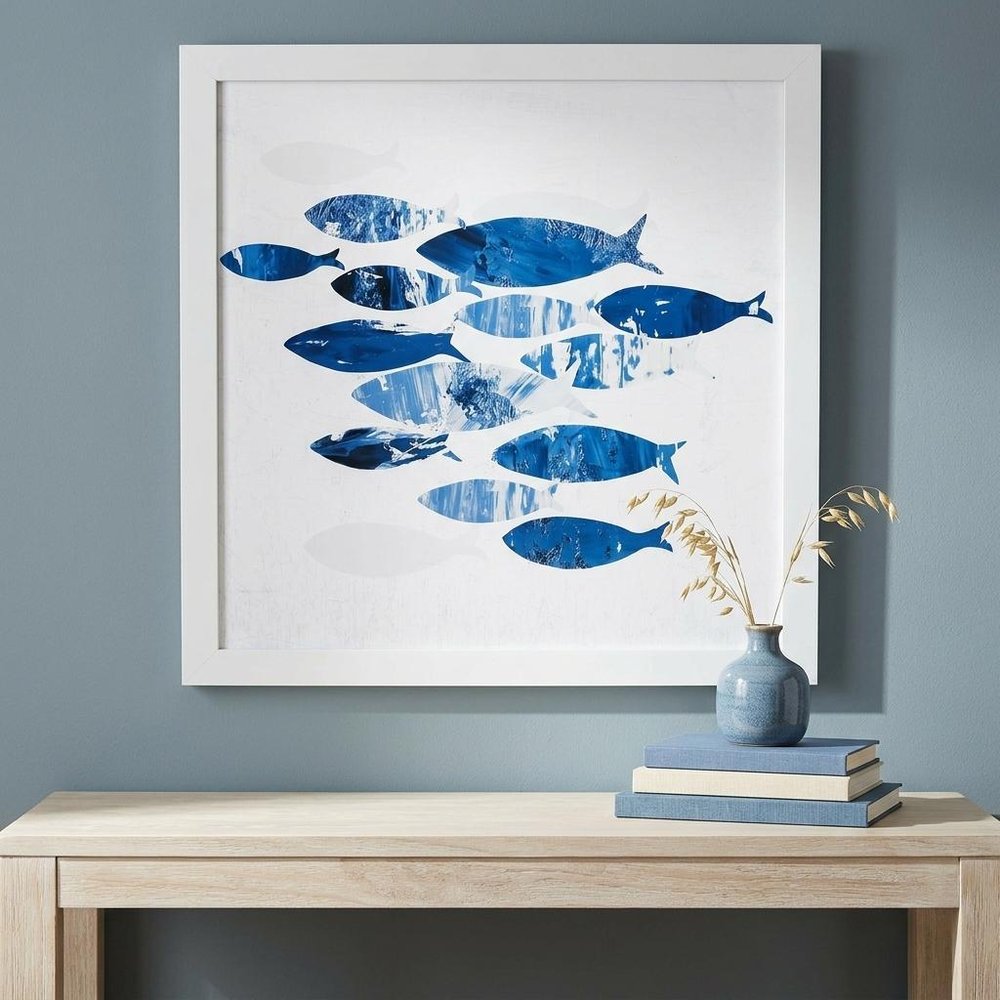 27" x 27" Marble Blue School of Fish Framed Wall Art
