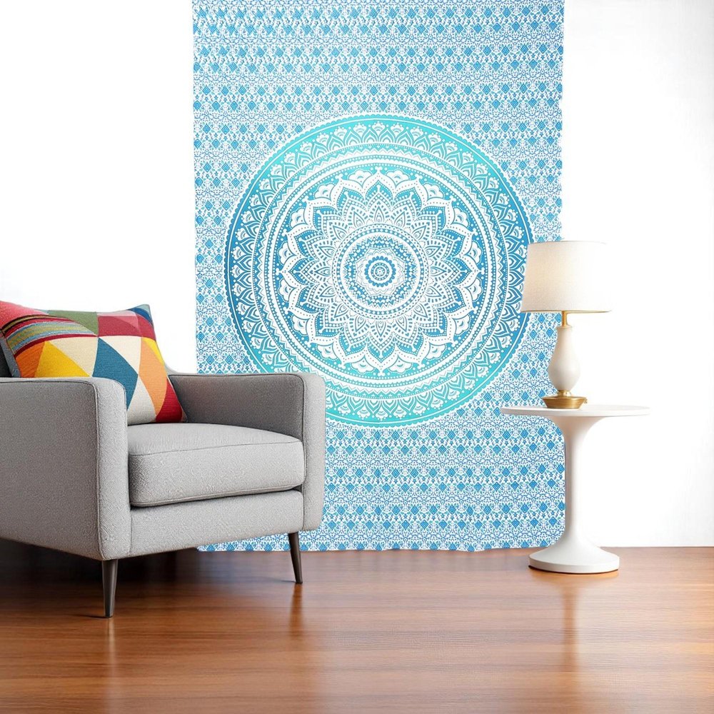 80" X 56" Blue And White Mandala Cotton Hanging Tapestry