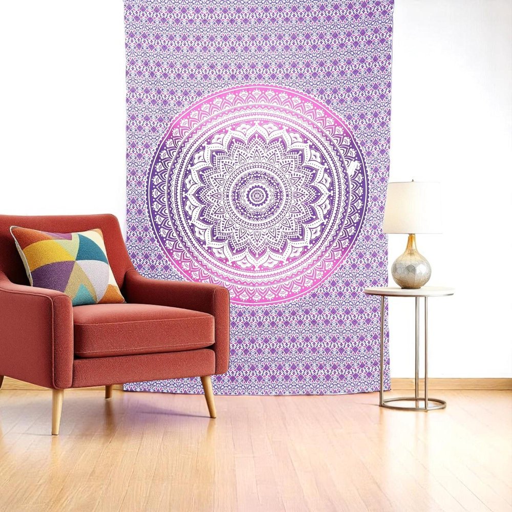 80" X 56" Purple And White Mandala Cotton Hanging Tapestry