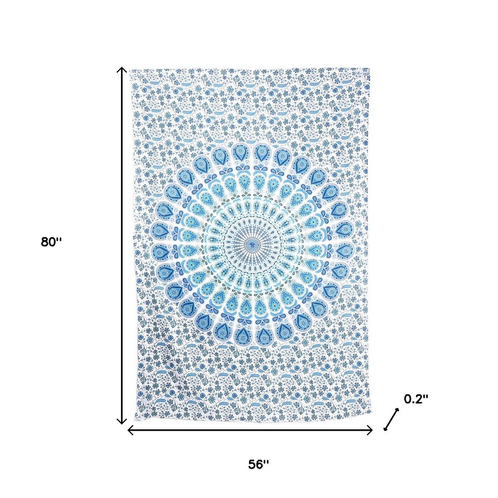 80" X 56" Blue And White Mandala Cotton Hanging Tapestry