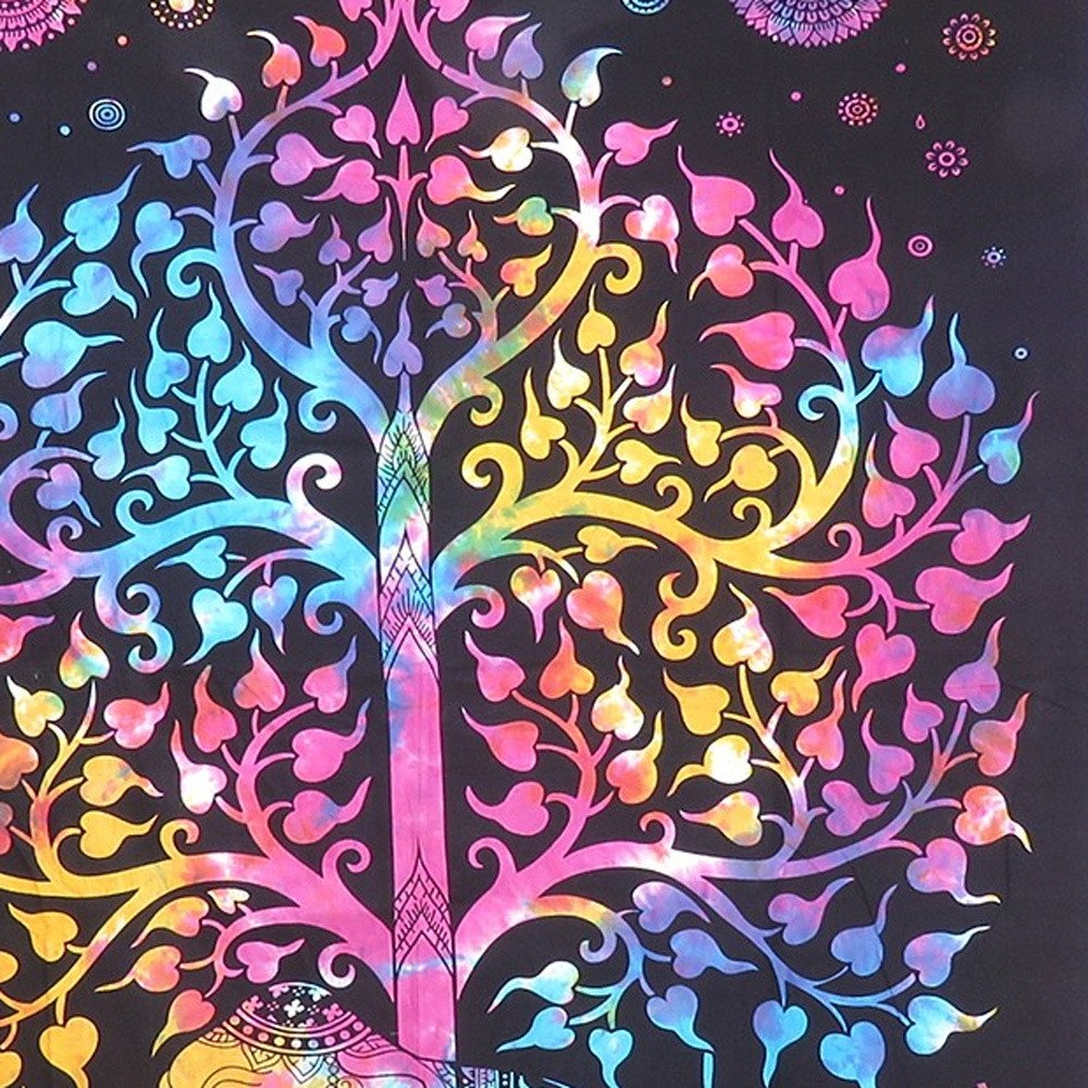 80" X 56" Black Pink And Yellow Elephant Mandala Cotton Hanging Tapestry