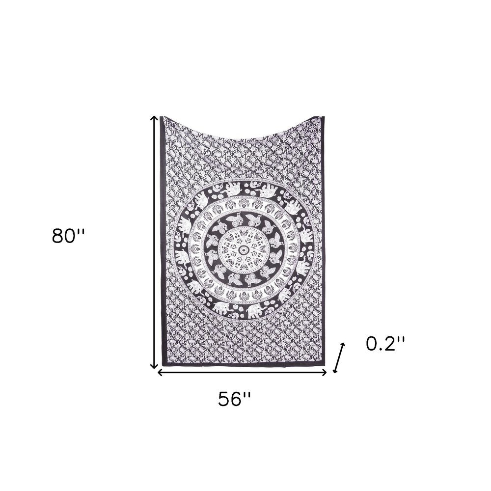 80" X 56" Black And White Mandala Cotton Hanging Tapestry